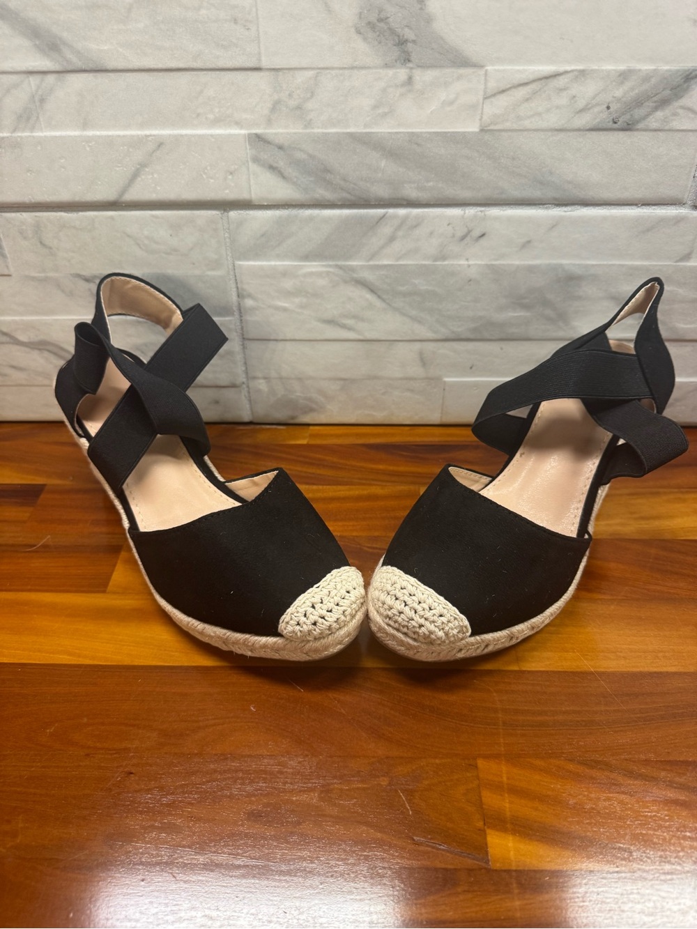 Black Espadrille Wedge Sandals with Elastic Cross Straps